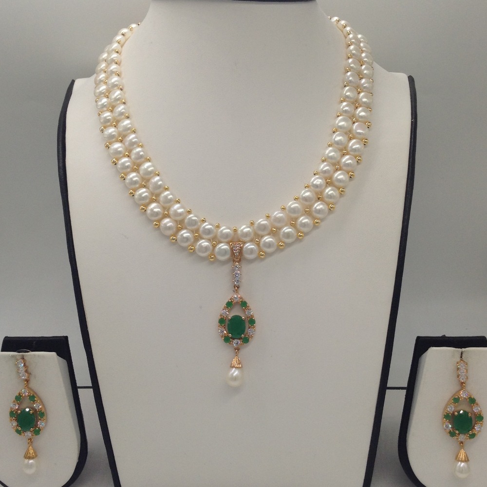 White, green cz pendent set with 2 line button pearls jps0255