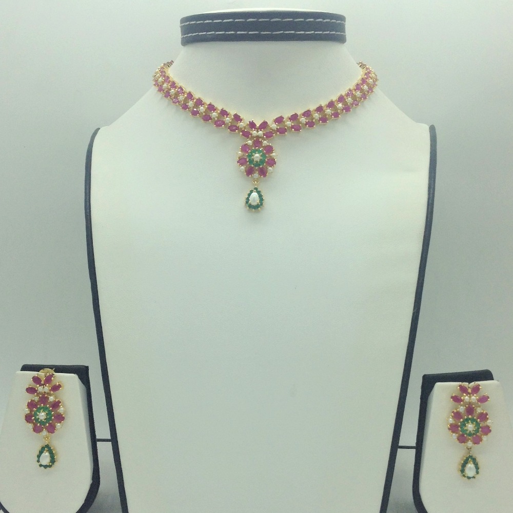 Red,Green Cz and Pearls Necklace Set JNC0199