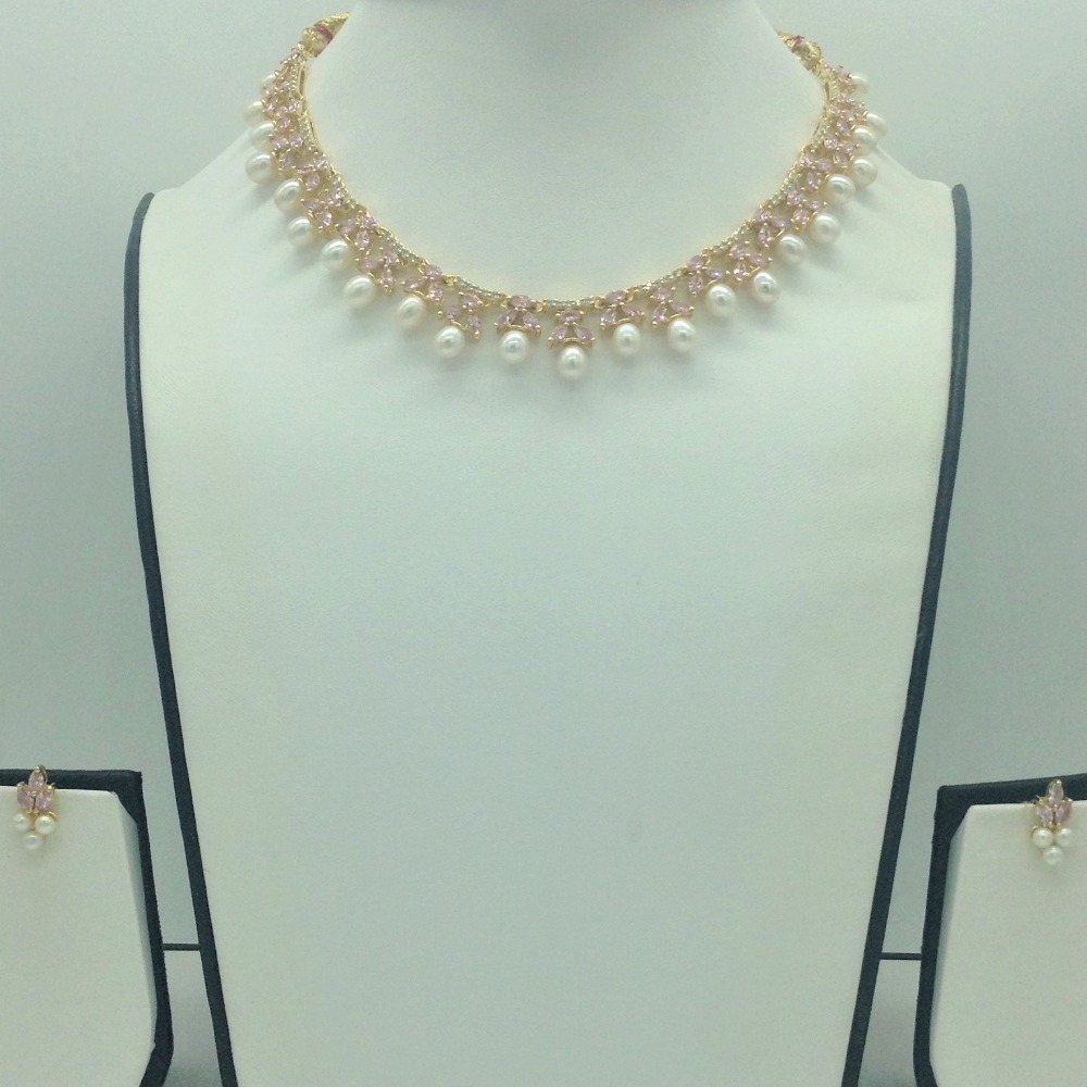 White,Pink Cz and Pearls Necklace Set JNC0194