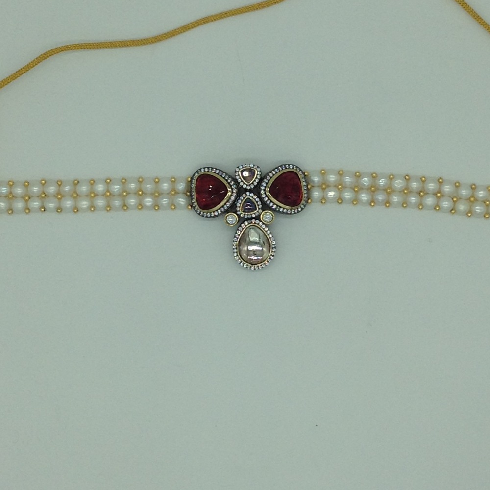 White,Red CZ Stones Choker Set With Button Jali Pearls Mala JPS0586