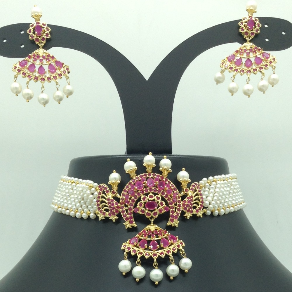 Red CZ and Pearls Choker Set With Seed Jali Pearls Mala JPS0626