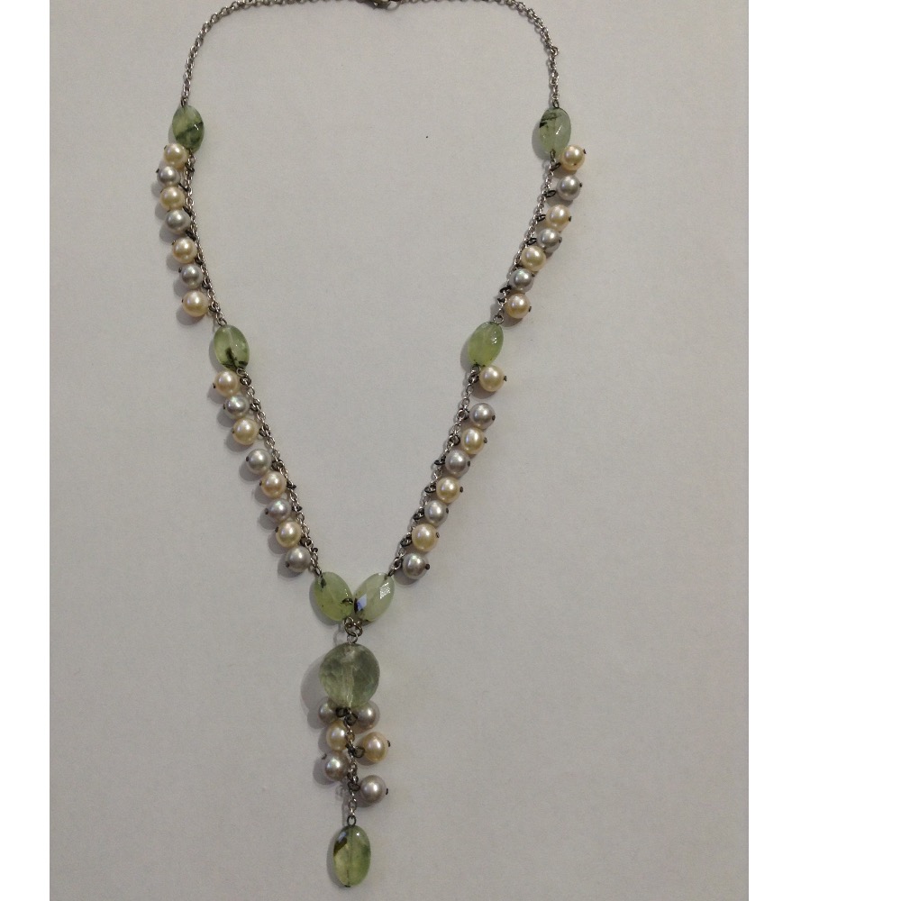 Frehswater cream and grey potato pearls chain mala with faceted green amethyst aweja