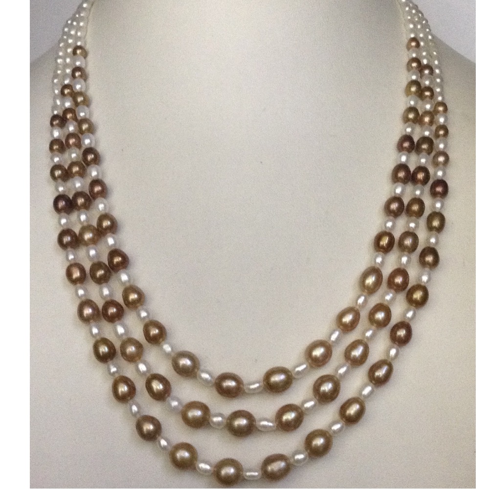 white and brown oval pearls 3 layers necklace JPM0174