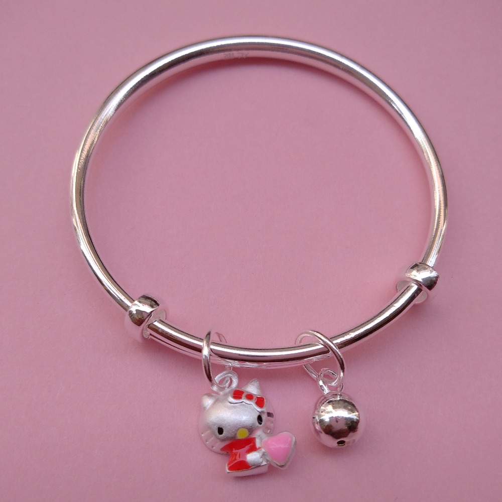 Pure Silver Baby Bangles with Kitty Charms (1 Pair) |Puran