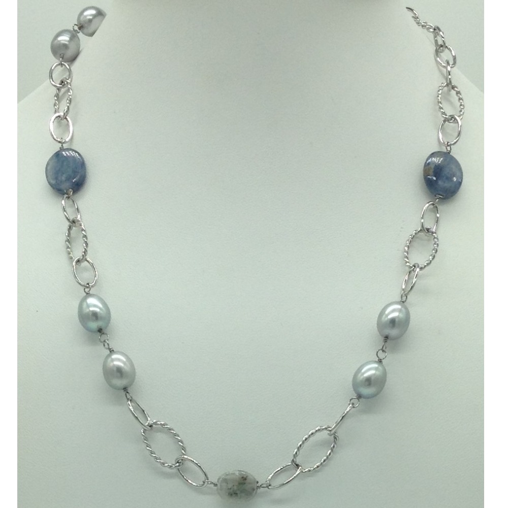 Freshwater Grey Pearls and Lapis Lazuli Silver Chain Set JNC0103