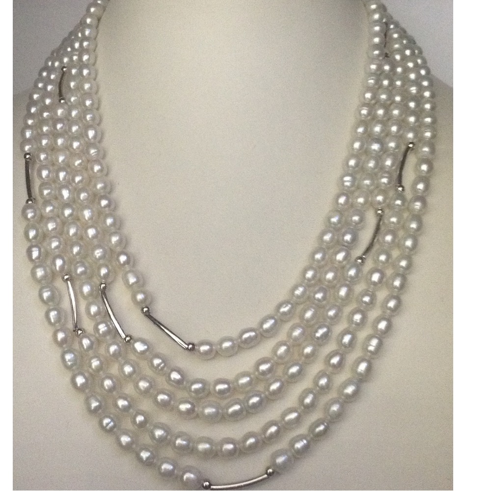 white oval pearls 5 layers necklace with silver pipes JPM0280