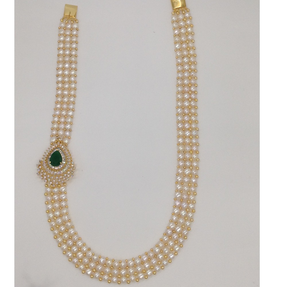 White And Green CZ Broach Set With 3 Line Button Jali Pearls Mala JPS0196