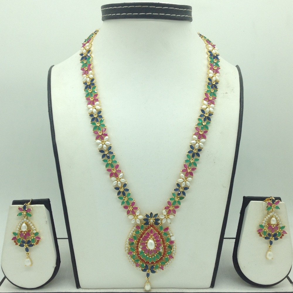 Multicolour cz and white pearls long haar set jnc0158