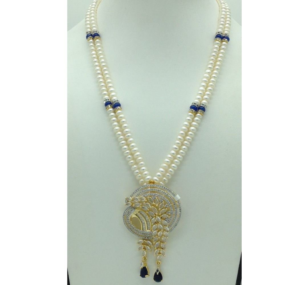 White;blue cz pendent set with 2 line flat pearls jps0636