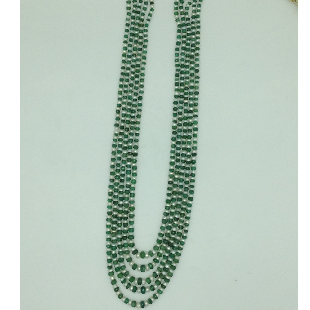 White Flat Pearls with Green Bariels Beeds 5 Layers Mala JPM0500