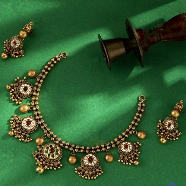 22KT/ 916 Gold Antique bridle half necklace set for ladies STG1050