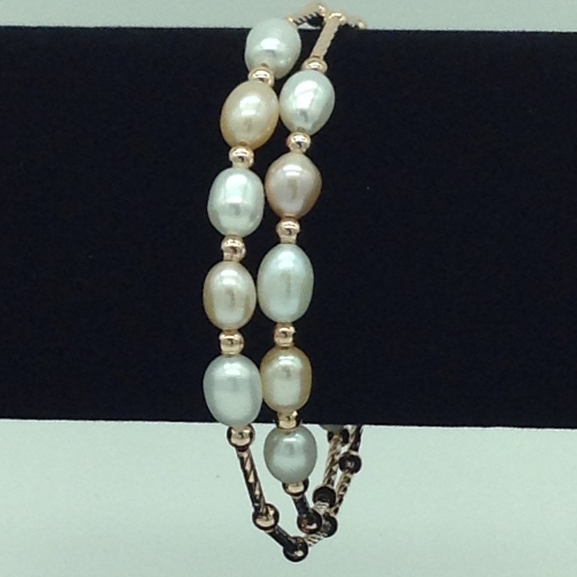 White And Pink Oval Pearls With Golden Pipe Alloy Spiral Bracelet JBG0176