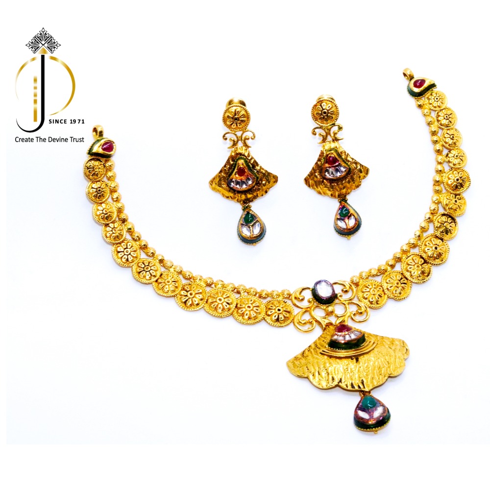 916 / 22CT Yellow Gold Antique Jadtar Bridal Necklace Set For Women STG0014