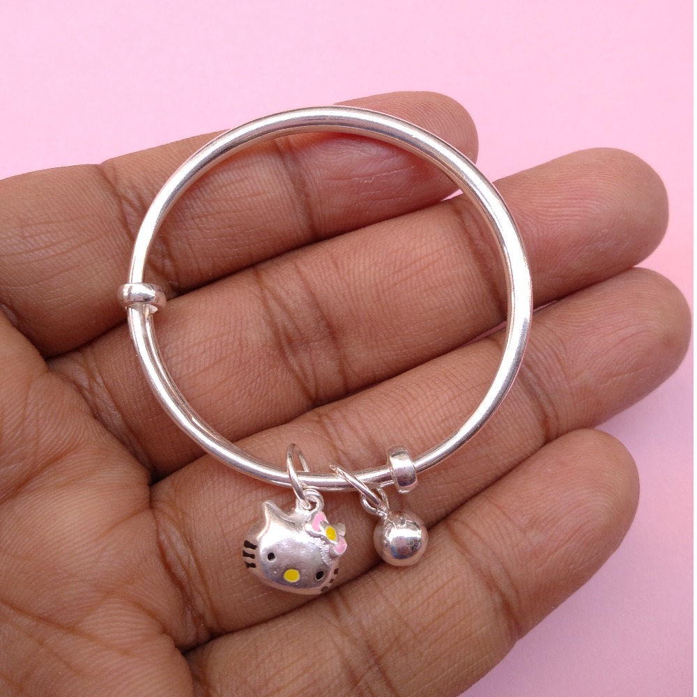 Pure silver baby Kada with Cute kitty charms (1 pair) |puran