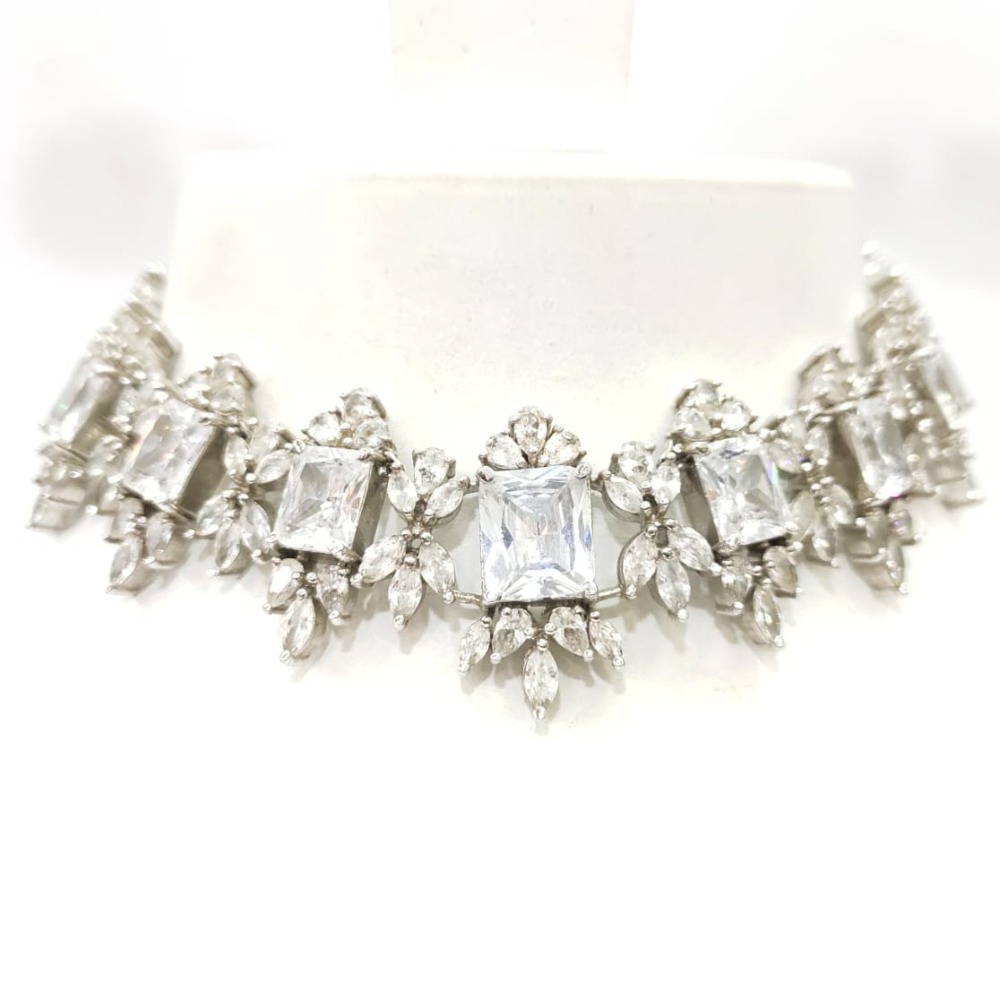 Square shape Silver Crystal Choker Necklace set for women 1497