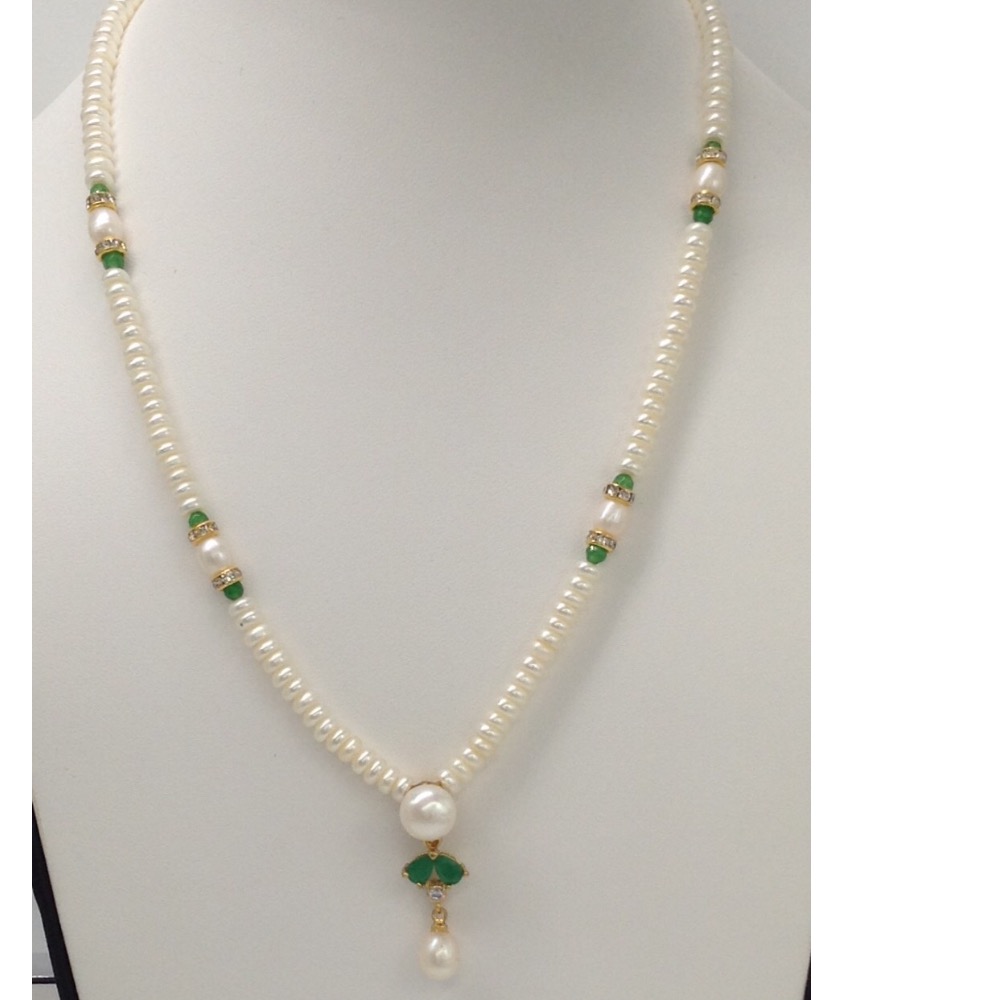 White, green cz and pearls pendent set with flat pearls mala jps0067