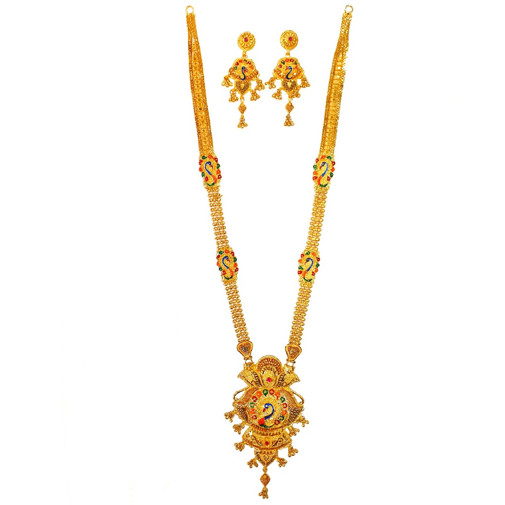 One Gram Gold Forming Peacock Shaped Meenakari Long Necklace Set MGA - HRE0006