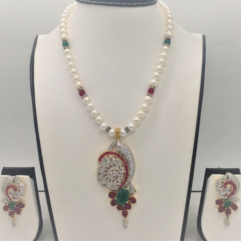 Tri colour cz pendent set with 1 line round pearls mala jps0346