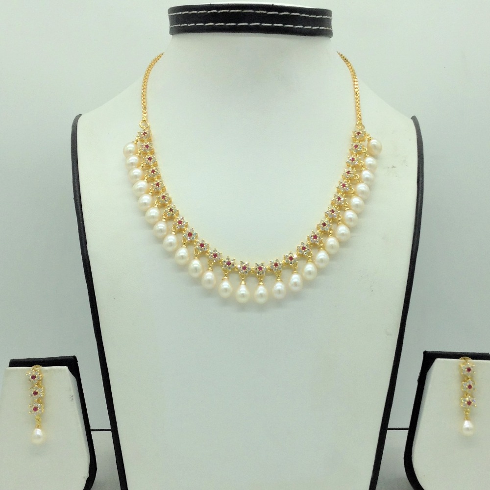 White and red cz stones and tear drop pearls necklace set jnc0146
