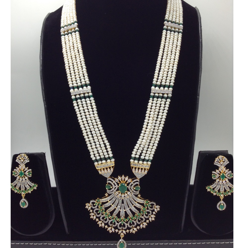 White and green cz rani haar set with 5 lines flat pearls mala jps0435