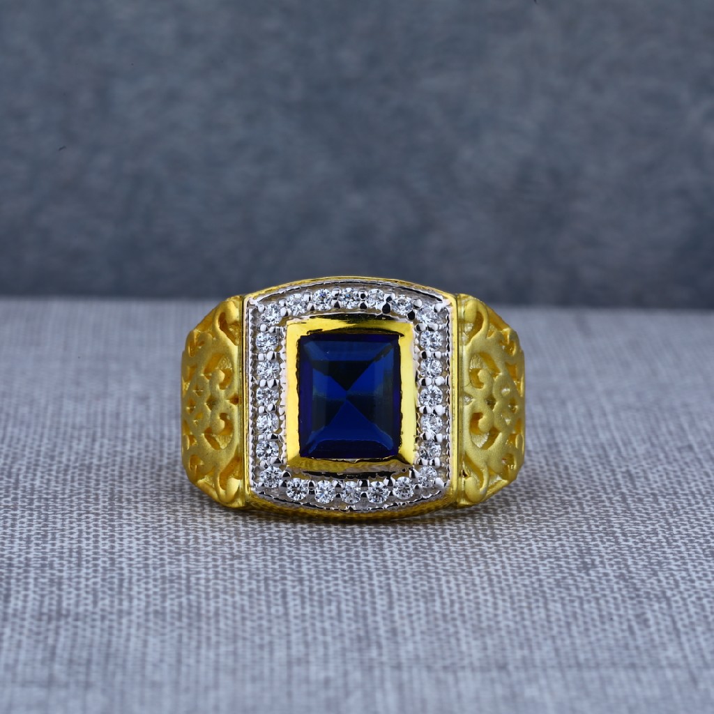 Exclusive 916 Mens Fancy Blue Stone Solitaire Gold Ring-MSR55