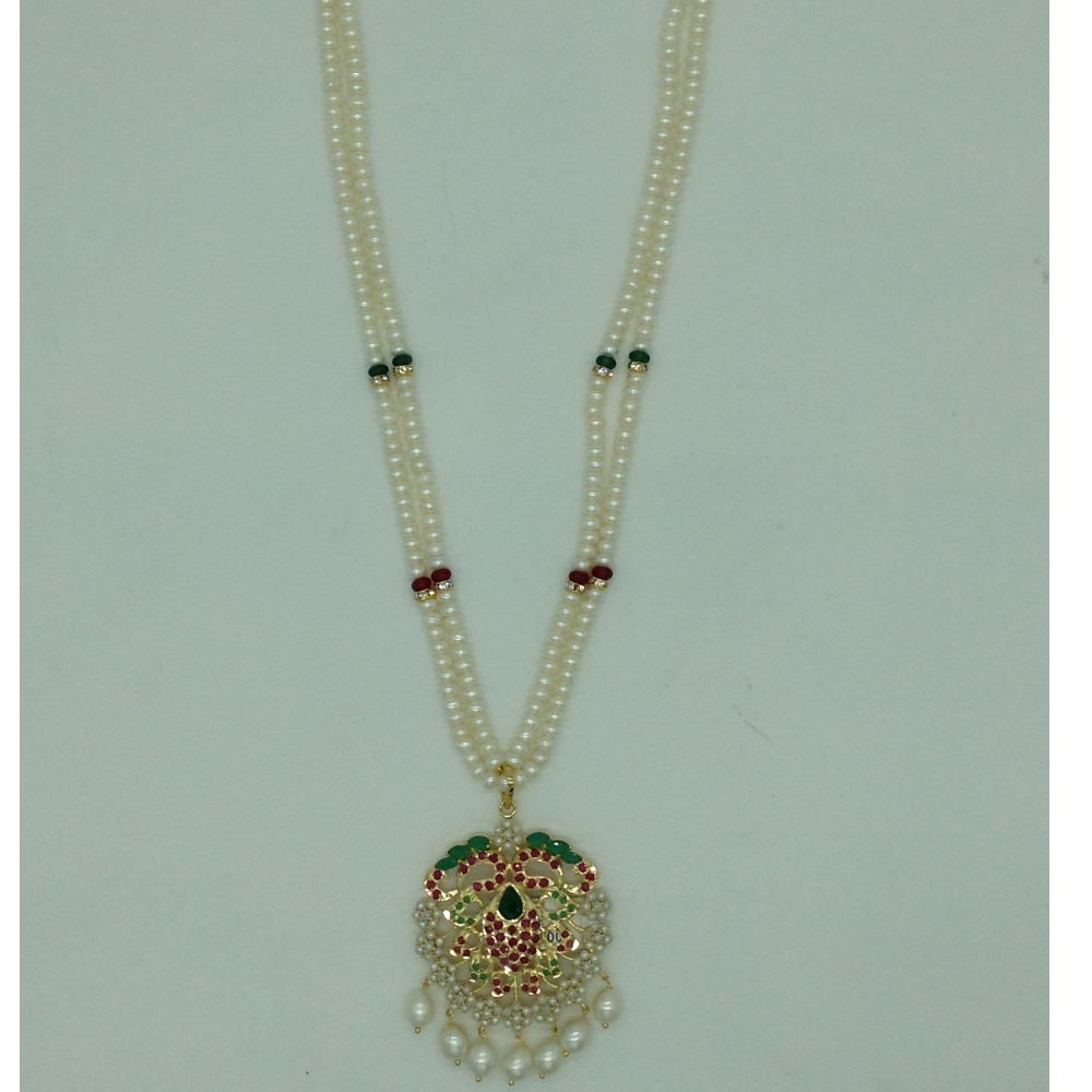 Tricolour cz pendent set with 2 line flat pearls mala jps0638