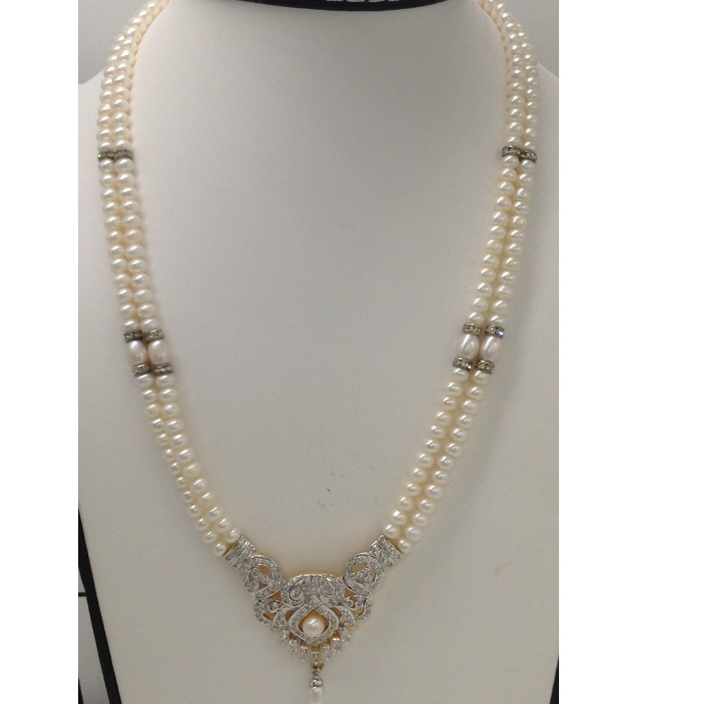 White cz pendent set with 2 line flat pearls mala jps0276