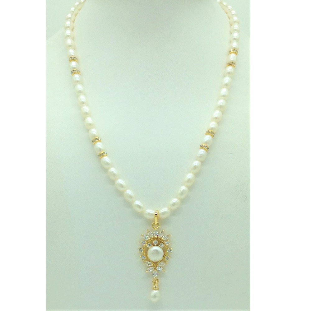 White cz pendent set with 1 line oval pearls mala jps0684