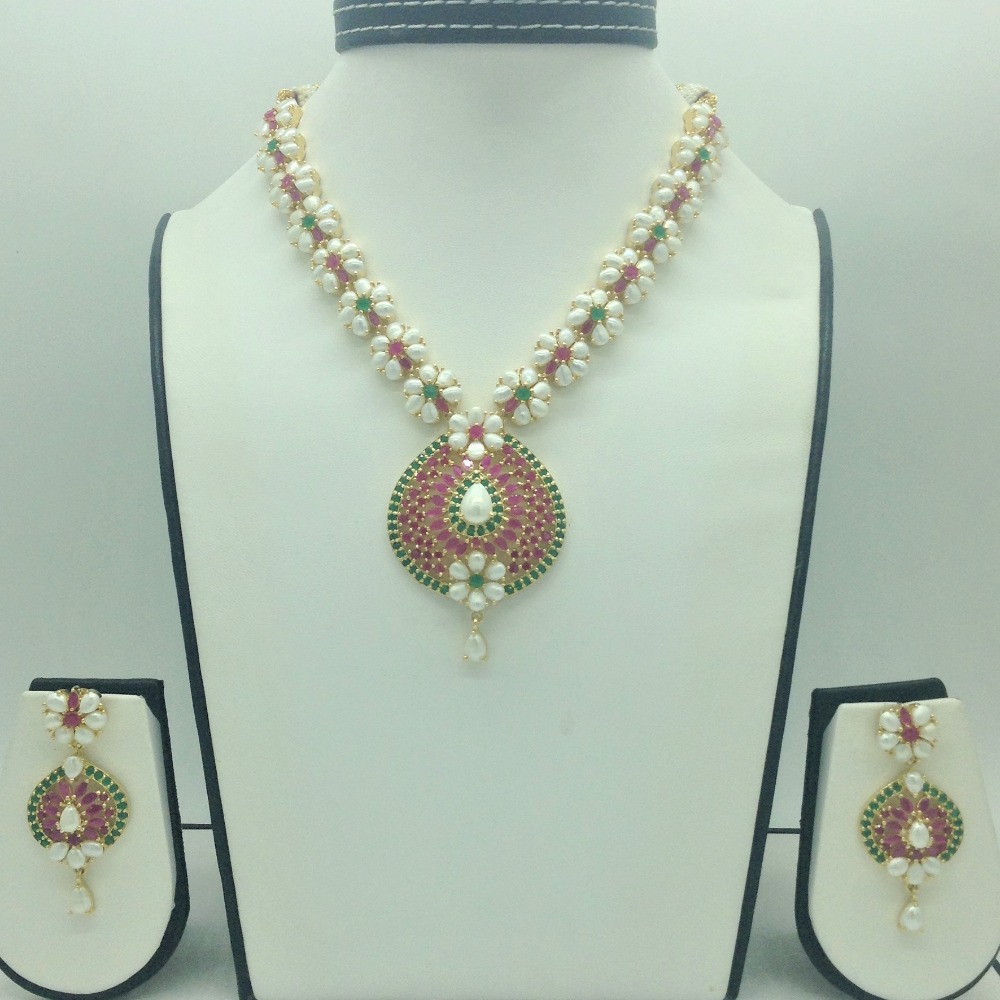 Red,Green Cz and Pearls Necklace Set JNC0198