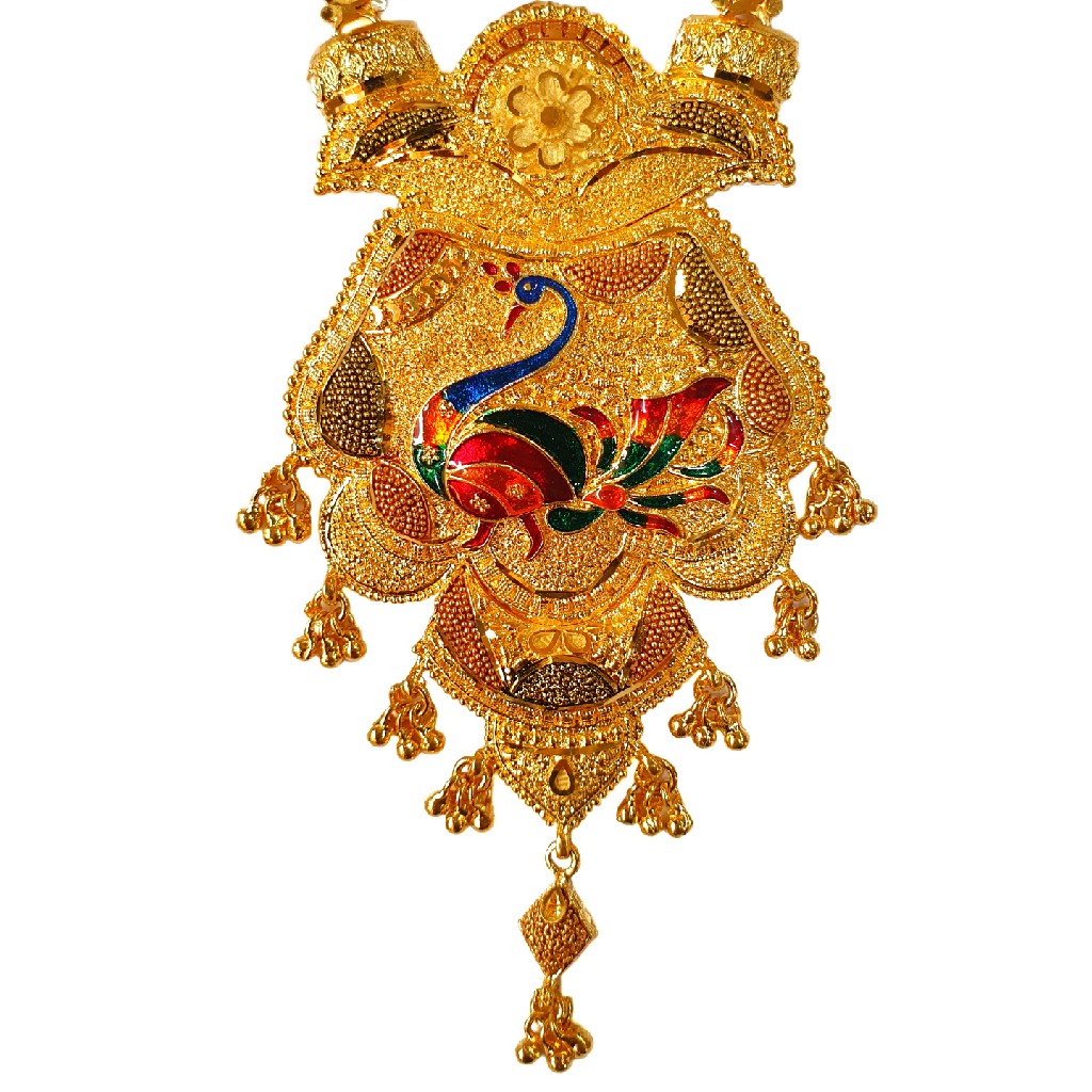 One Gram Gold Forming Peacock Shaped Meenakari Long Necklace Set MGA - HRE0005