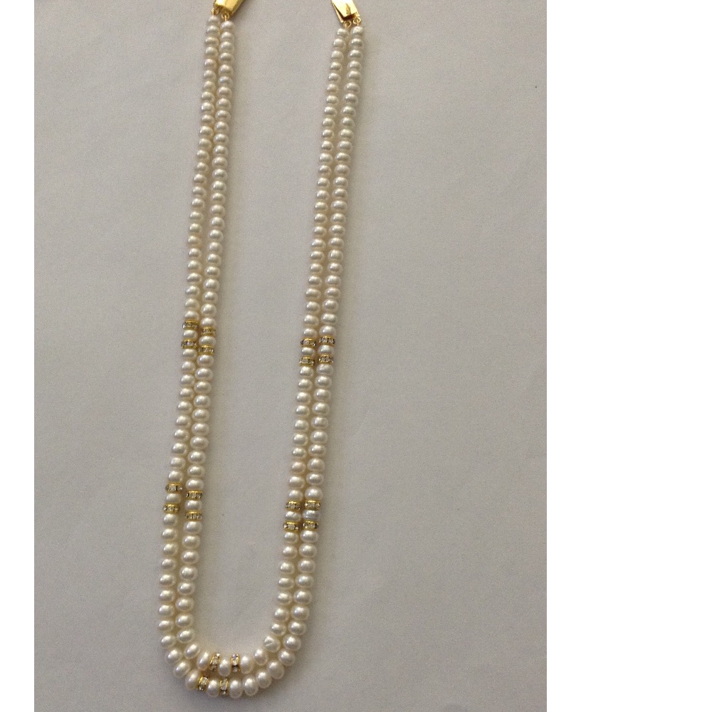 white flat pearls necklace with cz chakri 2 layers JPM0085