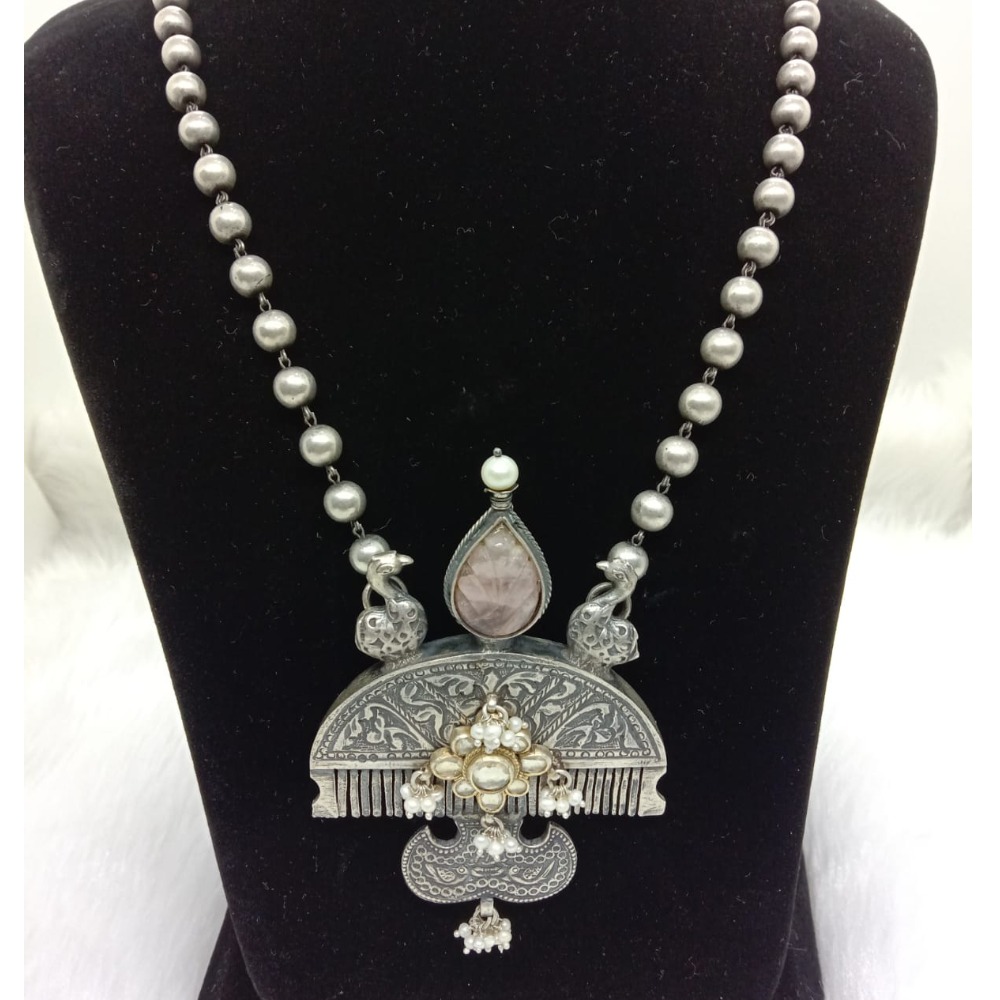 Pure silver vintage comb kundan necklace with motifs & matar mala