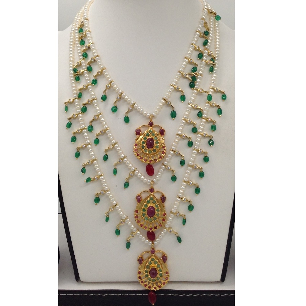 Ruby;emerald jugni 3 line haar set with 3 lines flat pearls jps0496