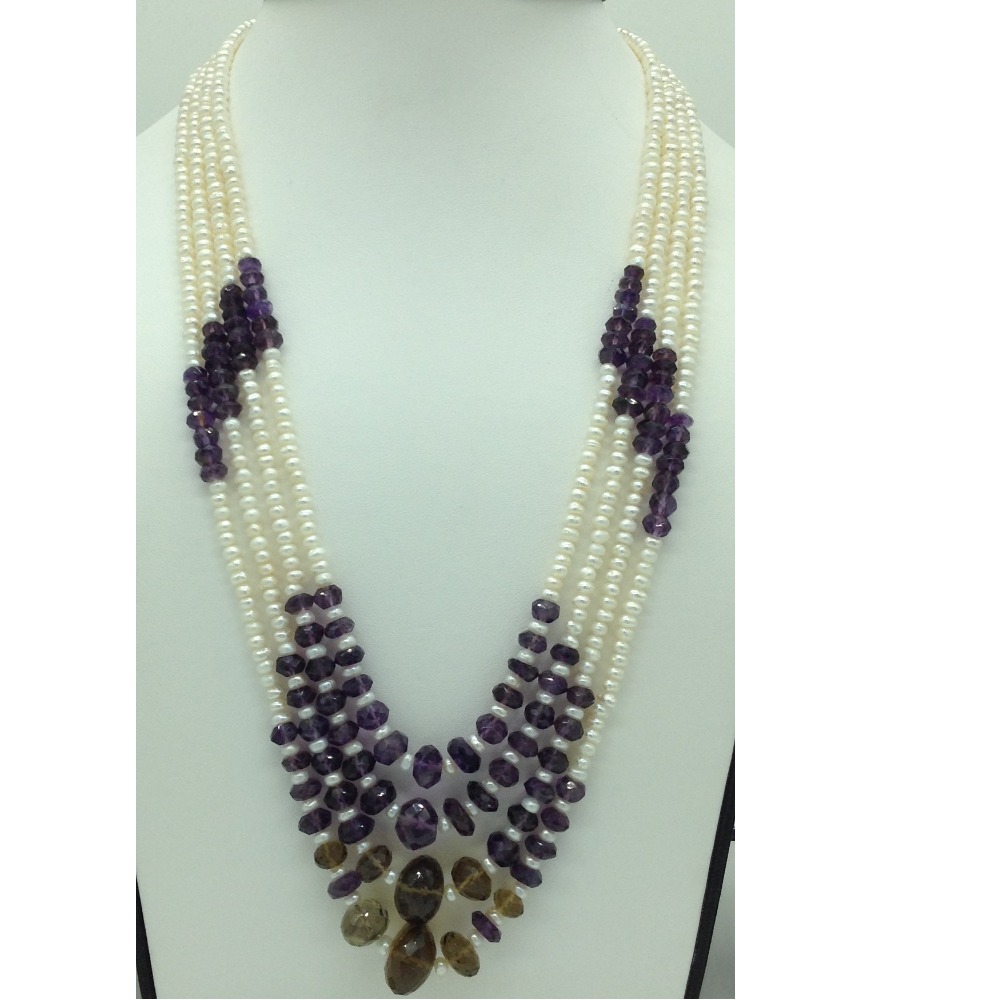 white pearls with amethyst 4 layers necklace jpm0379