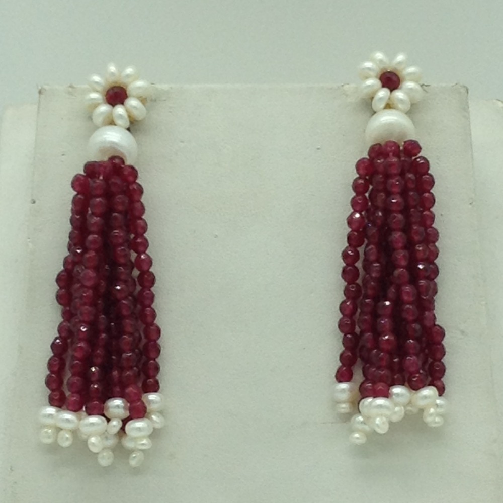 Freshwater White Flat Pearls with Red Beeds Tussles Set JPP1090