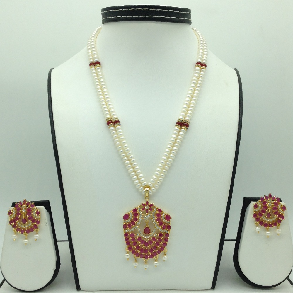 White;red cz pendent set with 2 line flat pearls jps0644