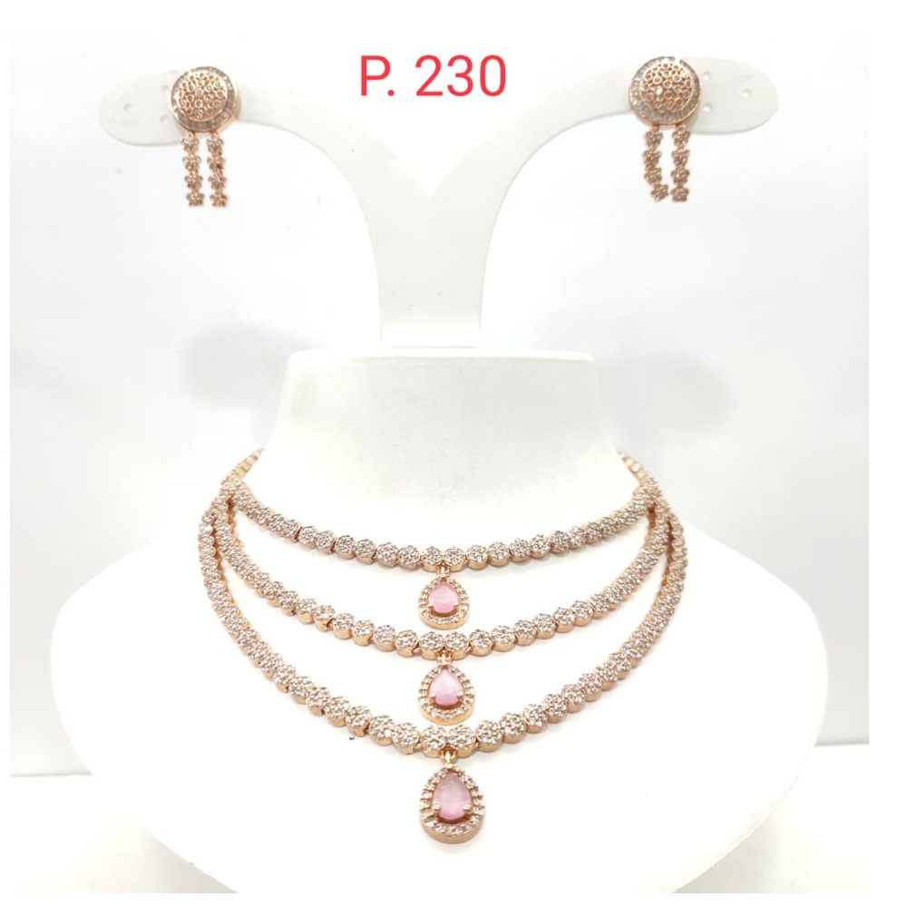 gold plated Pink stone & diamond 3 layer necklace set 1495