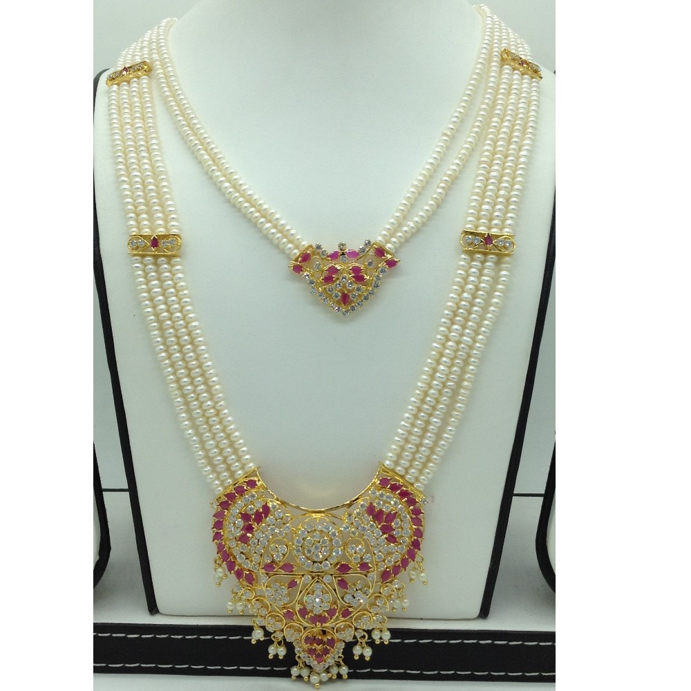 White,red cz step rani haar set with 6 lines flat pearls mala jps0663