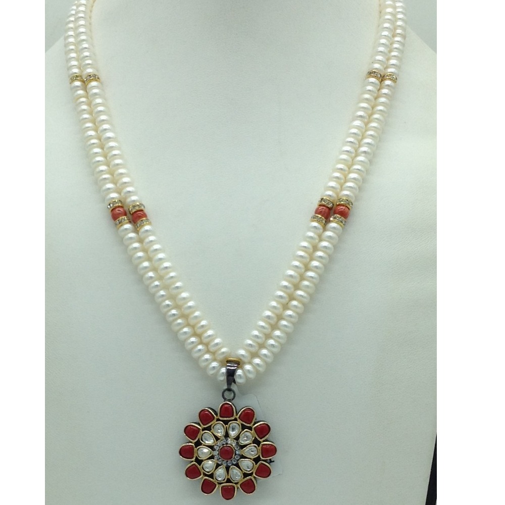 Coral Kundan Pendent Set With 2 Line White Pearls Mala JPS0863