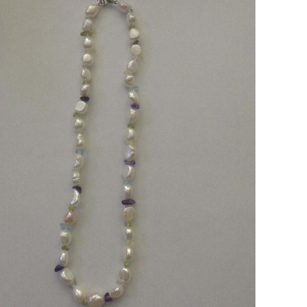 Freshwater White Oval Baroque Pearls Mala With Multicolour Semi Precious Amethyst/Citrine/Blue Topaz Chips JPM0283