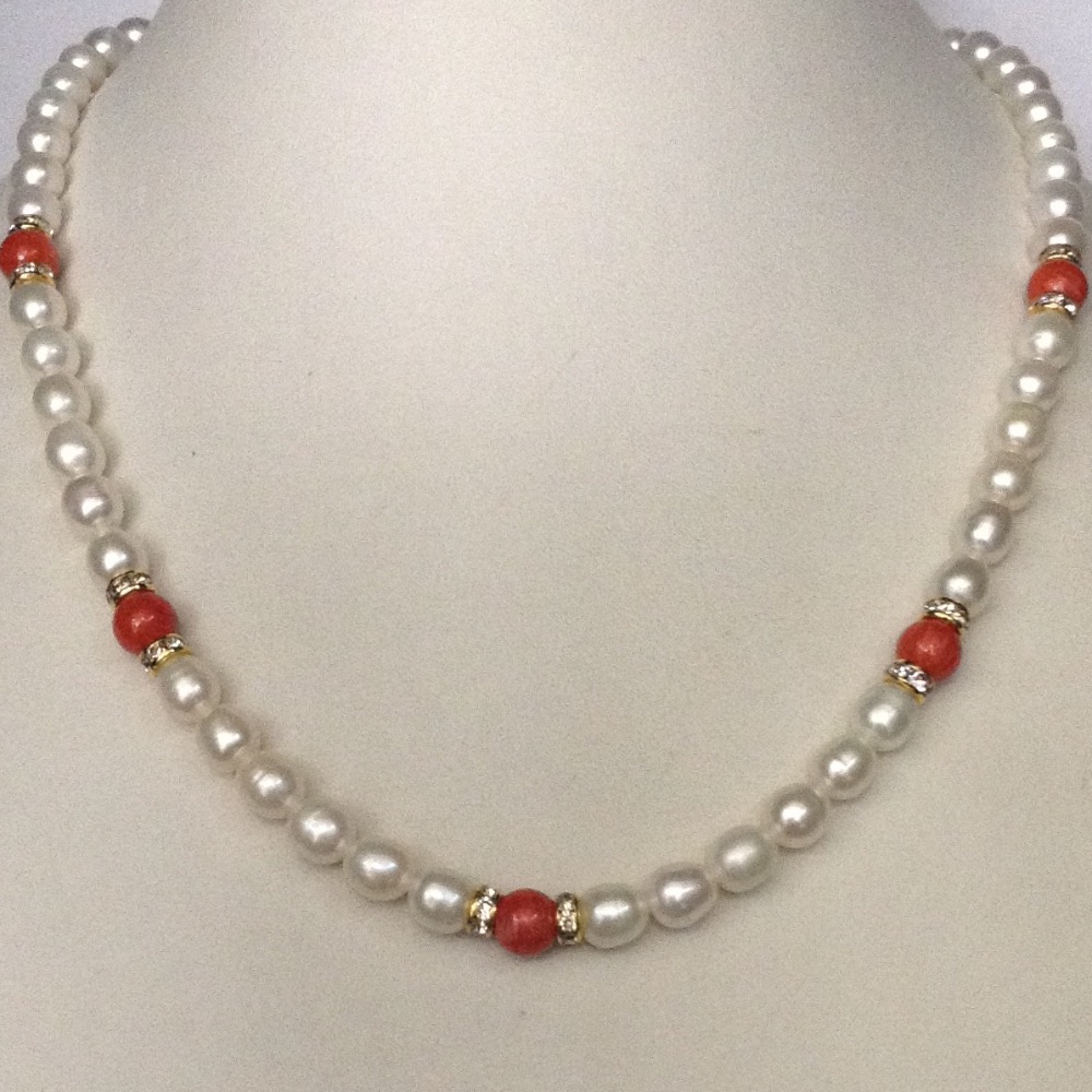 Freshwater white oval pearls with cz chakri strand JPM0080