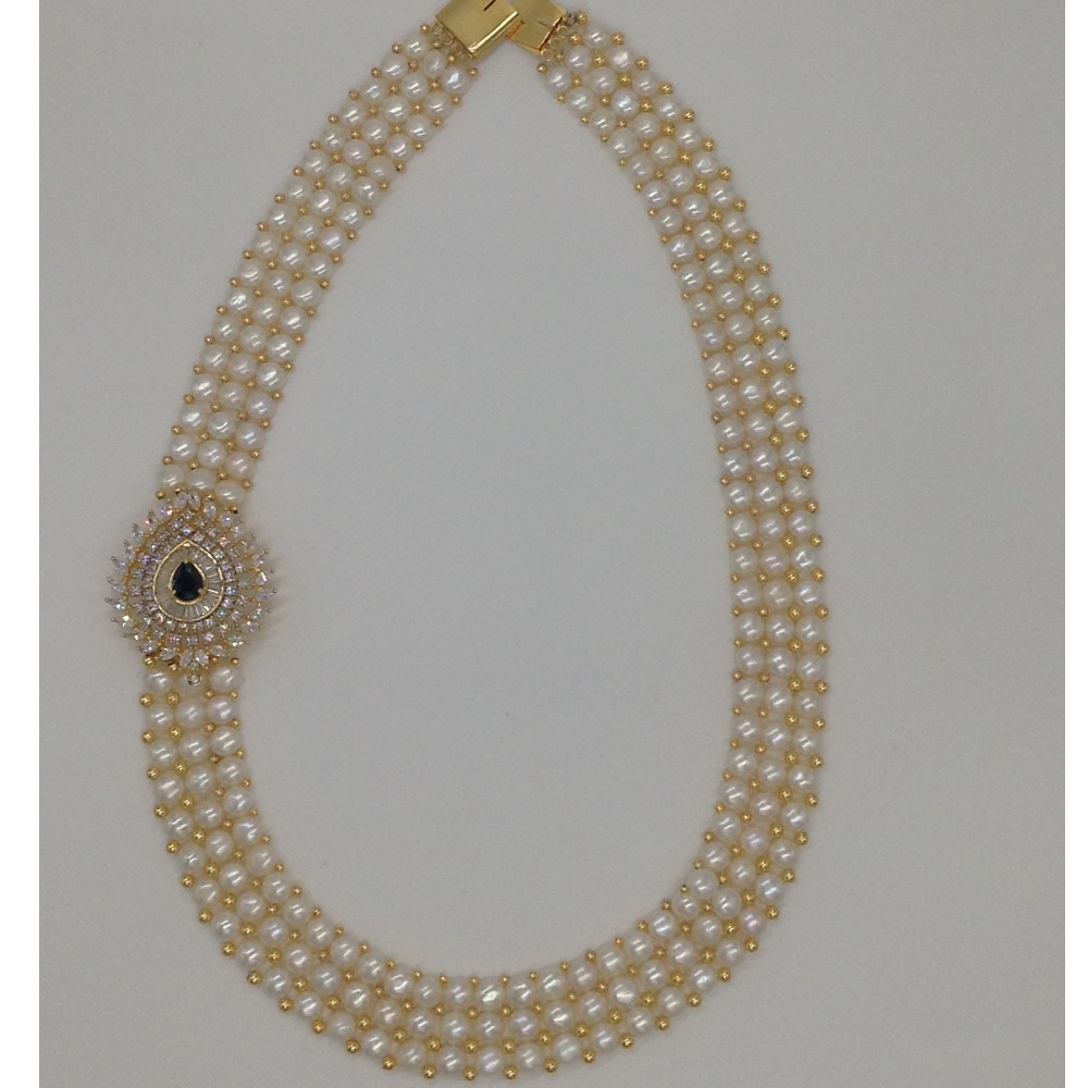 White And Black CZ Broach Set With 3 Line Button Jali Pearls Mala JPS0211
