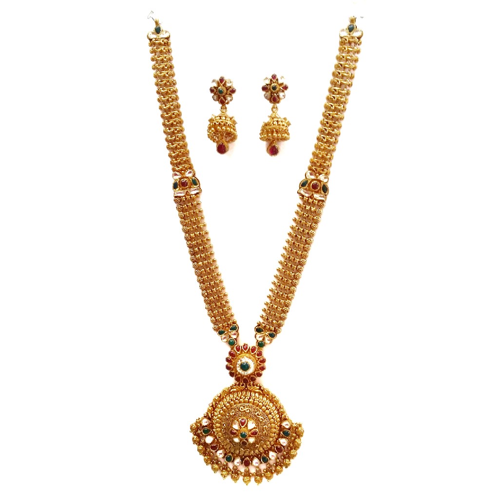 22k Gold Long Rajwadi Necklace With Jummar Buti MGA - GLS077