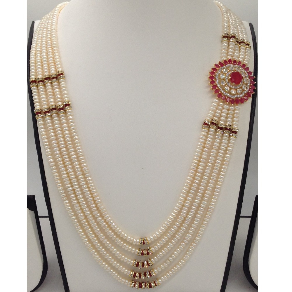 White And Red CZ Brooch Set With 5 Lines Flat Pearls Mala JPS0475