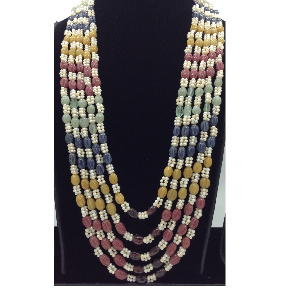 White Seed Pearls with Multicolour Beeds 5 Layers Mala JPM0520