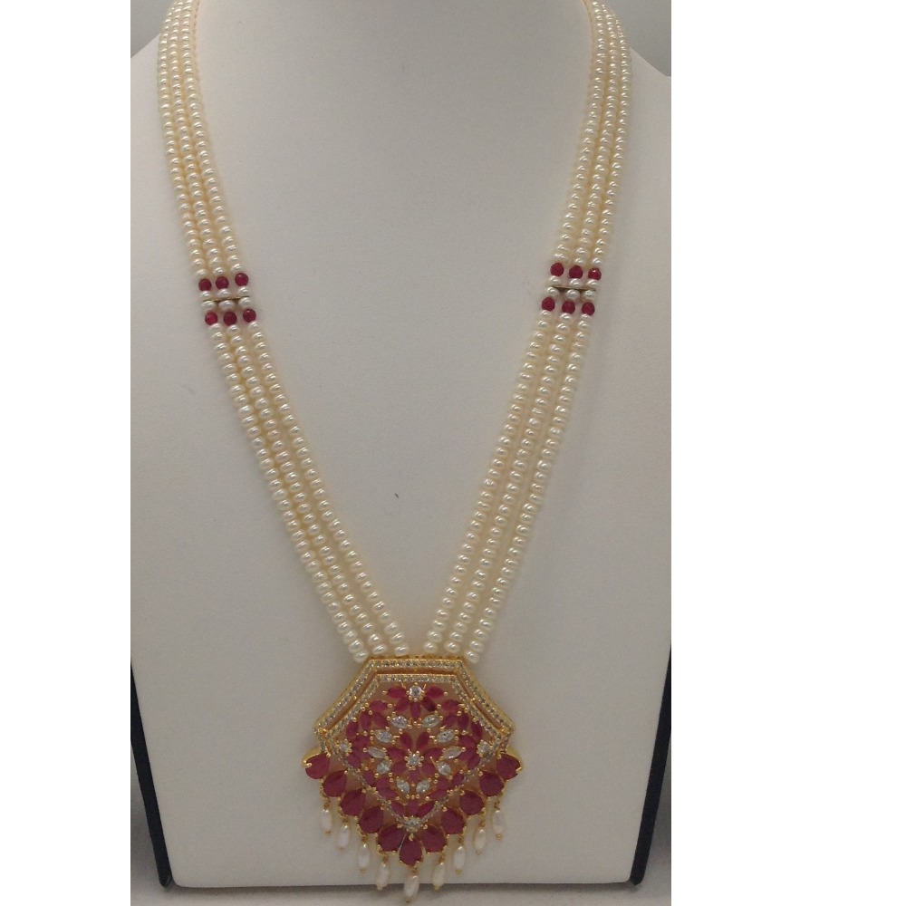 White, Red CZ Pendent Set with 3 Line Flat Pearls JPS0425