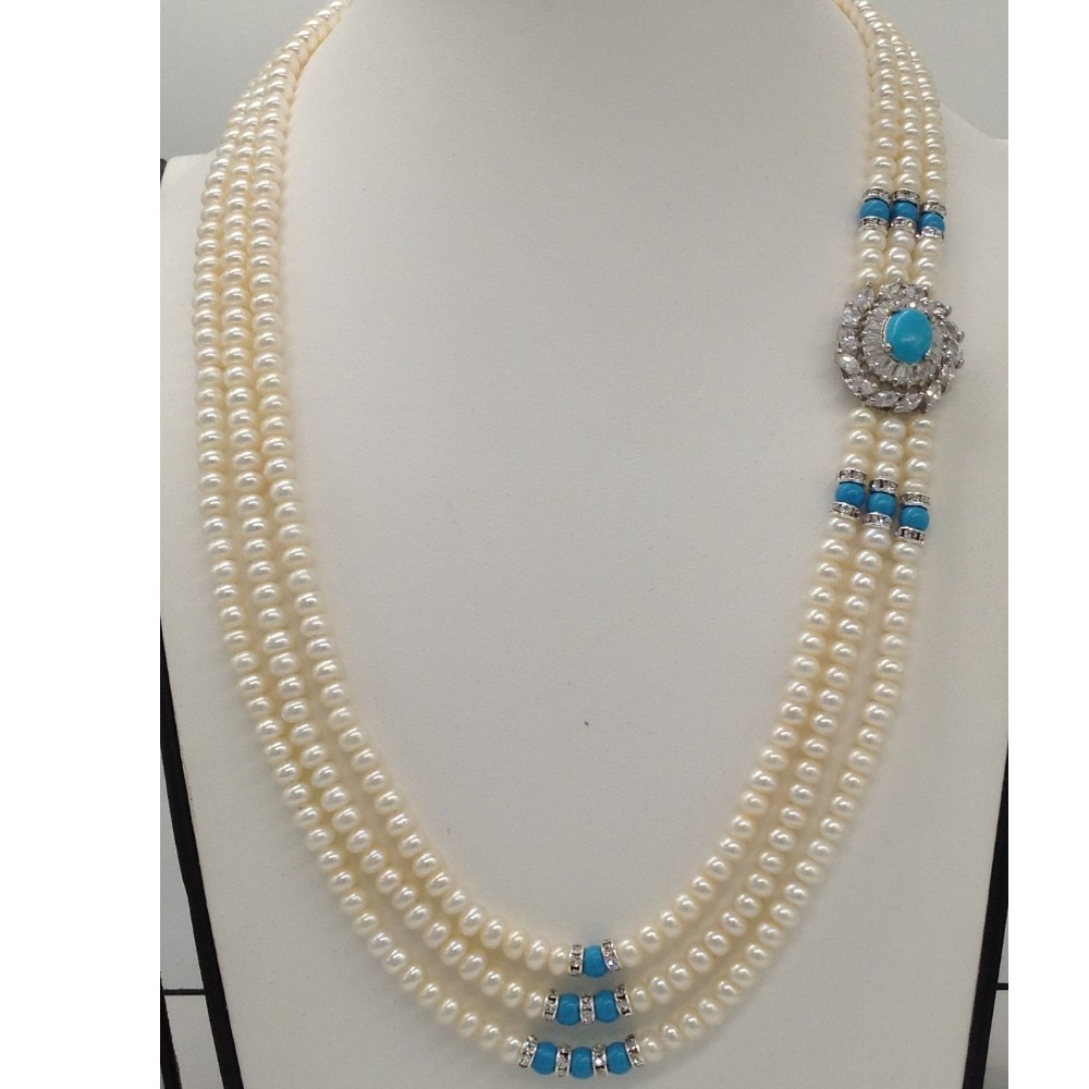 White cz and turquoise stone broach set with 3 lines flat pearls mala jps0444