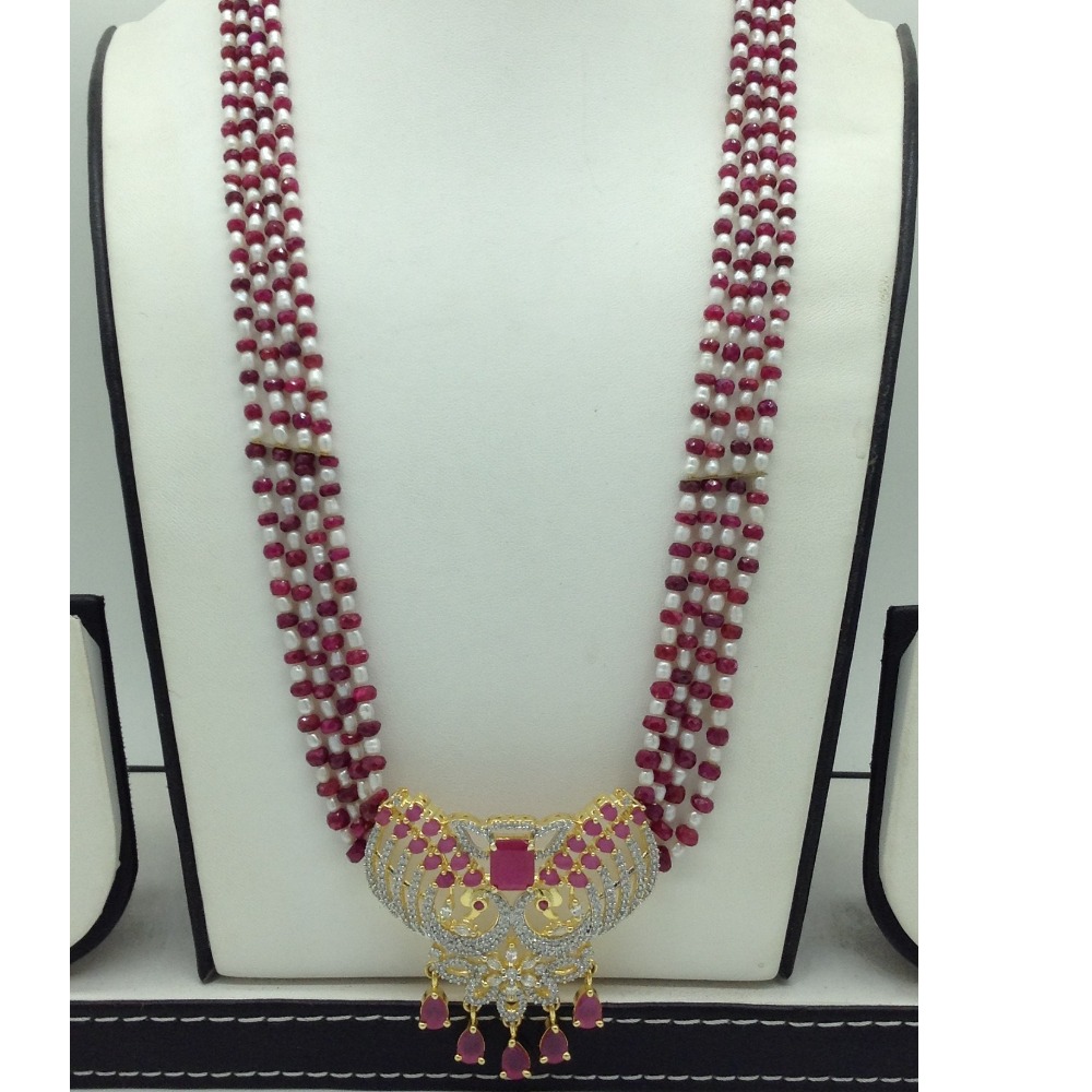 White,Red CZ Pendent Set With 4 Line Mala JPS0868