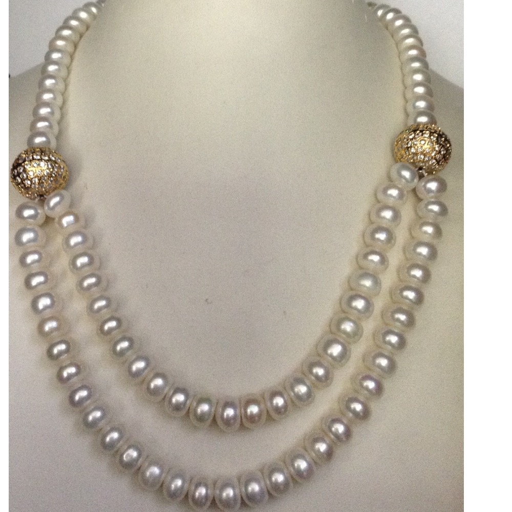 Freshwater white flat pearls with cz ball necklace JPM0050