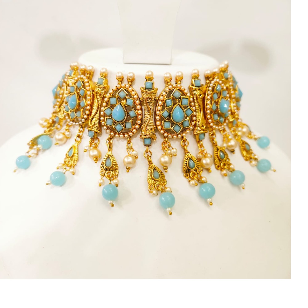 Full choker antique with sky blue stone hand made necklace set 1390